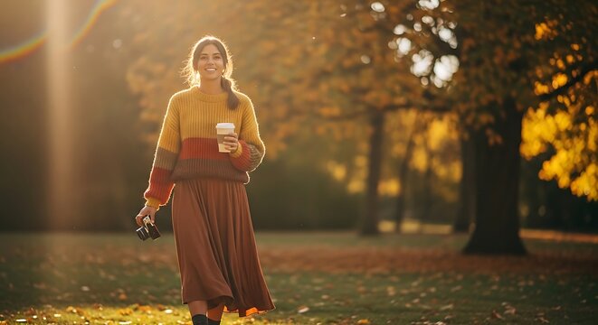 Woman holding coffee cup in autumn park with golden sunlight and trees