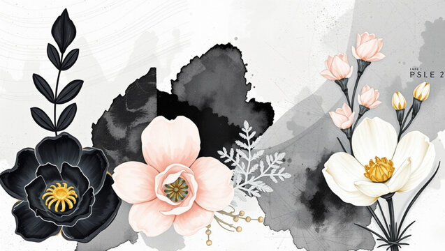 Elegant vintage floral watercolor illustration featuring black, pink and white flowers with golden stamens and green fol