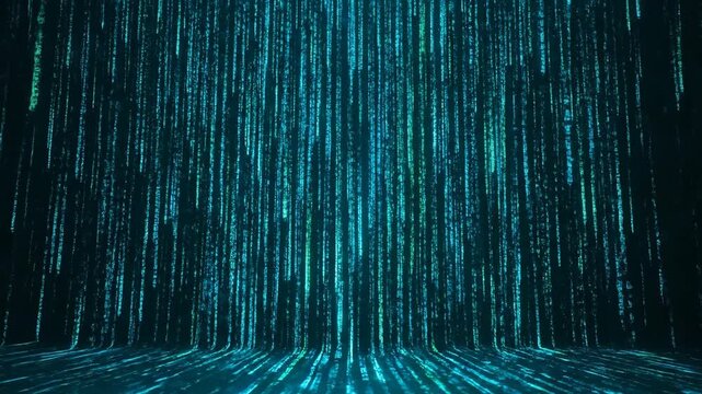 Blue digital data rain and falling matrix code stream background