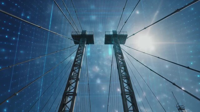 光る青いホログラムの応力シミュレーションに包まれた建設中の吊り橋の塔（インフラDX）