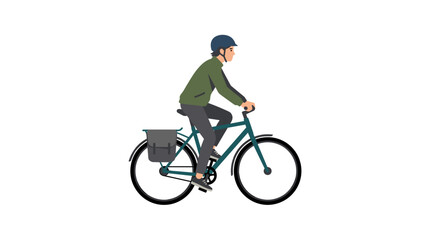 Naklejka premium Man wearing a helmet rides a bicycle with a bag on the back rack, isolated on white background