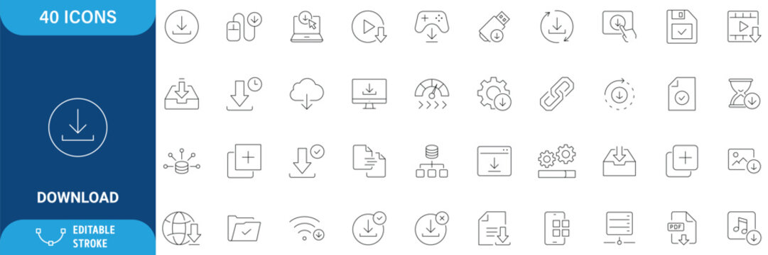 Download icon set. Containing upload, document, link, download file, folder, data and more. line Icon Collection. Vector illustration. Editable stroke
