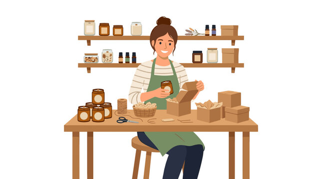 Woman packaging handmade candles in jars for shipping from her home workshop