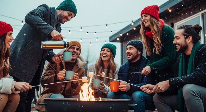 Group of Friends Enjoying Campfire Cooking in Outdoor Mountain Setting