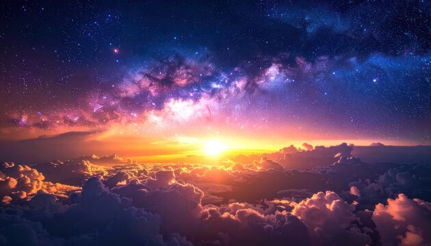 A surreal cosmic landscape unfolds with a vibrant sunset casting golden light on fluffy clouds, beneath a starry night sky filled with a colorful nebula.