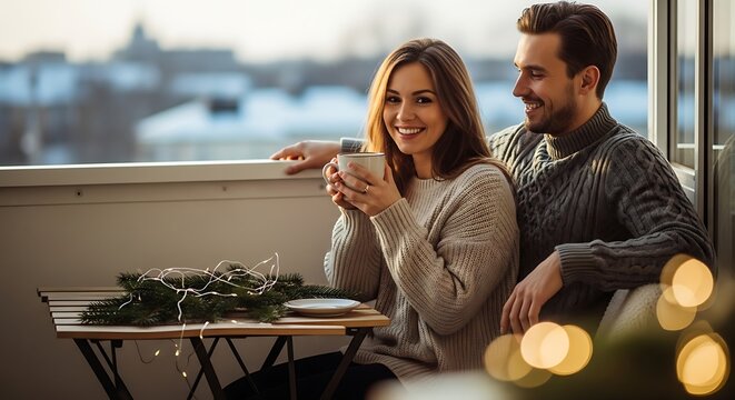 Couple enjoying romantic dinner on balcony with city skyline view at dusk