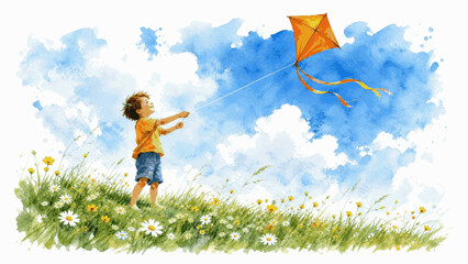 Joyful Play Kite Flying Kid isolated watercolor vector illustration svg © Arun168