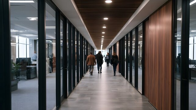 A sophisticated glass corridor offers a bright modern setting for professional collabo n and business teamwork