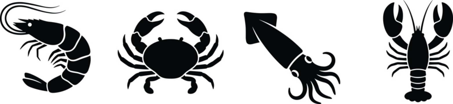Seafood and Marine Crustaceans Silhouette Icon Set with Shrimp Crab Squid and Lobster for Restaurant Menus Fish Markets and Culinary Graphic Designs