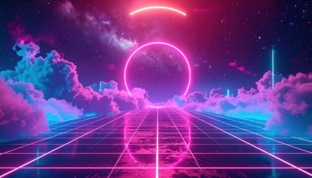 A vibrant cyberpunk landscape features a glowing grid floor leading to a neon ring in a starry sky with pink and blue clouds.