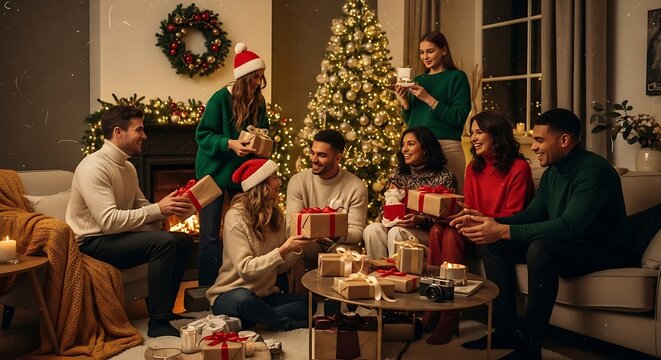 Family Celebrating Christmas Together Around Decorated Tree at Home