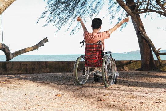 Rear view of young disabled man in wheelchair raising arms, looking at the sea, enjoying freedom and inclusive outdoor travel during summer vacation, copy space.