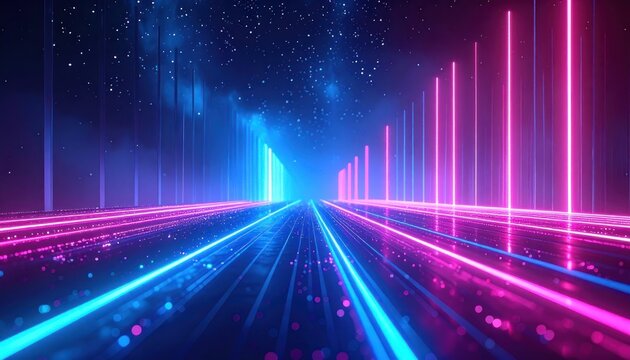 A vibrant neon-lit futuristic pathway stretches into a starry, nebulous horizon.