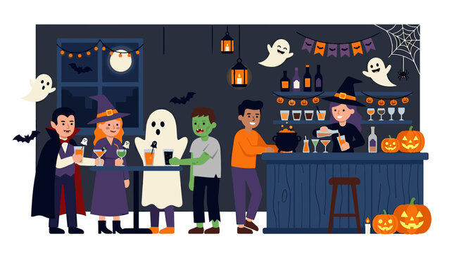 Halloween Party Scene with Costumed Characters Enjoying Drinks at a Bar