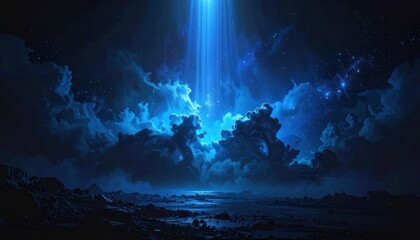 Fototapeta premium A beam of bright blue light shines down from the starry sky through dramatic clouds onto a rocky, alien landscape.