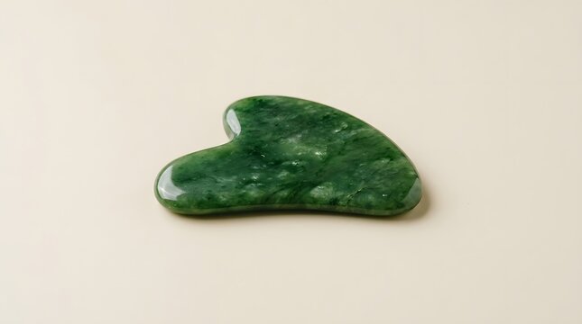 Smooth green jade gua sha stone tool for facial massage therapy featuring a polished surface and a heart shaped design