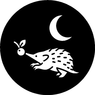 Nocturnal echidna holding fruit under crescent moon.