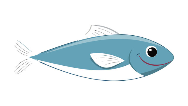 A blue and white cartoon fish with a smiling face