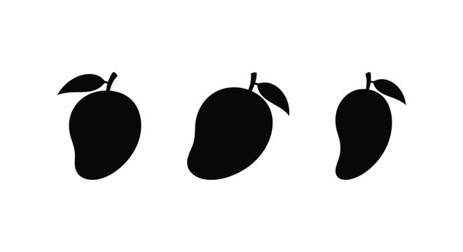 Three black mango silhouettes with leaf stems against a plain white background silhouette mangoes tropical fruit stone drupe