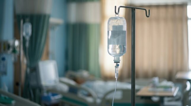 An IV drip bag hangs from a metal pole in a hospital room, delivering intravenous saline solution for patient treatment. The scene highlights medical infusion therapy and clinical care.