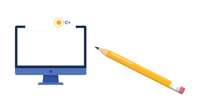 Computer monitor with c++ and yellow pencil on white background