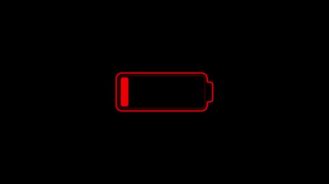 Animated battery icon discharging from green to red and charging back. Flat electric energy indicator with color change on black