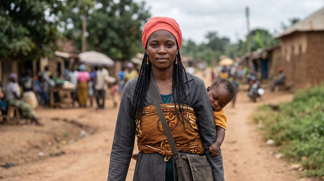 african woman carrying baby on her back in bustling village street, concept of motherhood and culture