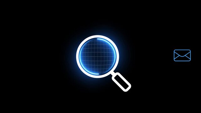 Animated neon magnifying glass scanning envelope on black. Cyber security email anti-virus check and message search concept