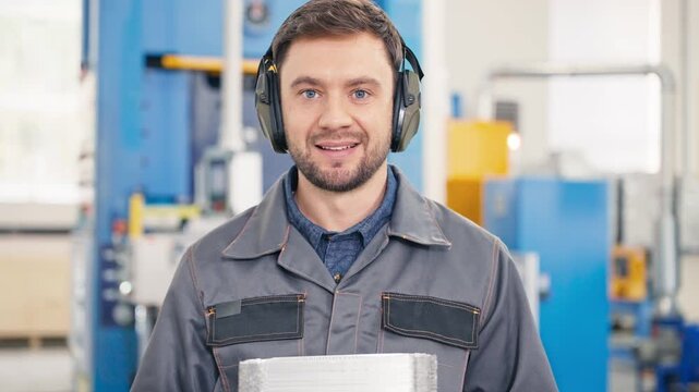 Handsome Caucasian male wearing protective headphones holding stack of foil containers in hands. Standing proudly in modern factory with industrial machines behind.