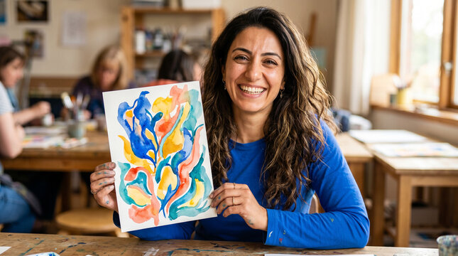 artist showing colorful abstract painting in bright studio, creativity and expression concept