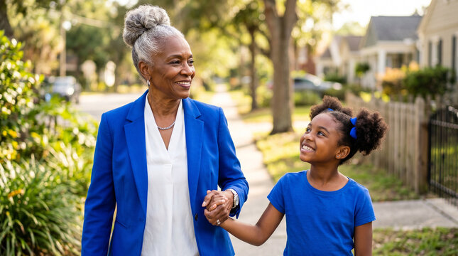 happy elderly woman and young girl walking together outside on a sunny day, bonding concept