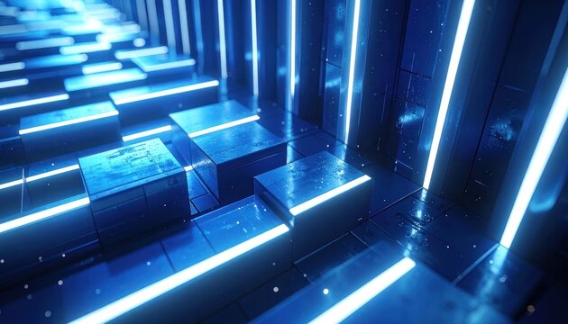 A futuristic digital environment with blue glowing rectangular structures and lines receding into the distance.
