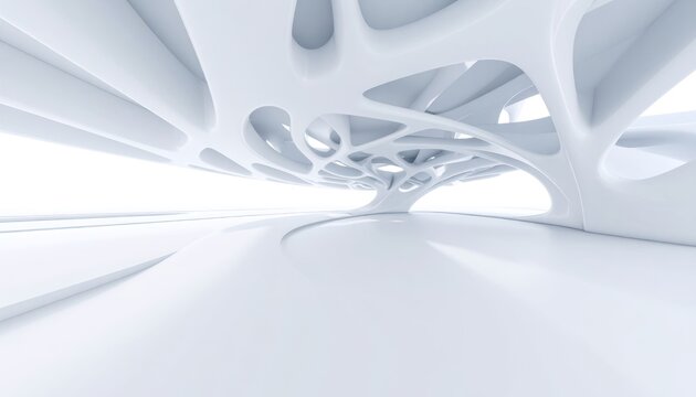 An abstract, minimalist architectural interior with organic, flowing white structures and ample natural light.