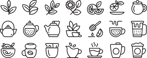 Herbal Tea and Drink Outline Icons Set with Teapot, Cup, Honey, Leaf, and Flower Elements on White Background © md