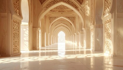 Obraz premium A long hallway with intricate Islamic architectural details and sunlight streaming through.
