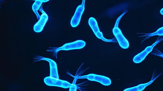 Sperm cells swimming macro view through dark fluid, fluorescent tails and scattered cells for fertility research, semen analysis, IVF testing, reproductive medicine, and male health diagnostics media