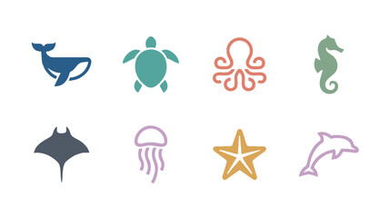 Fototapeta premium Marine Animal Icon Collection Geometric Flat Vector Symbols Isolated on White