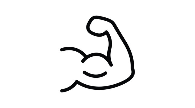 Minimalist black outline icon showing a flexed bicep muscle representing strength power and physical fitness