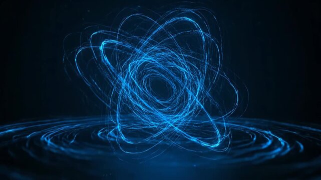 Abstract Blue Glowing Atom Model with Swirling Particle Energy Trails and Light Ripples representing Quantum Physics and Nuclear Science