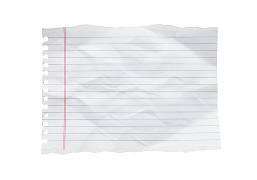 Torn piece of crumpled white lined notebook paper with ragged edges isolated on transparent background