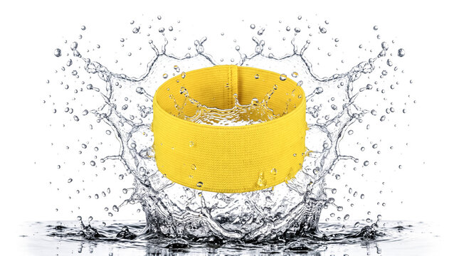High-speed commercial photography of a water splash around a generic captain armband.