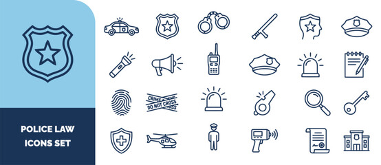 Set of blue line representing police, law enforcement, crime investigation, and security equipment on a white background © Gra-fix PNG