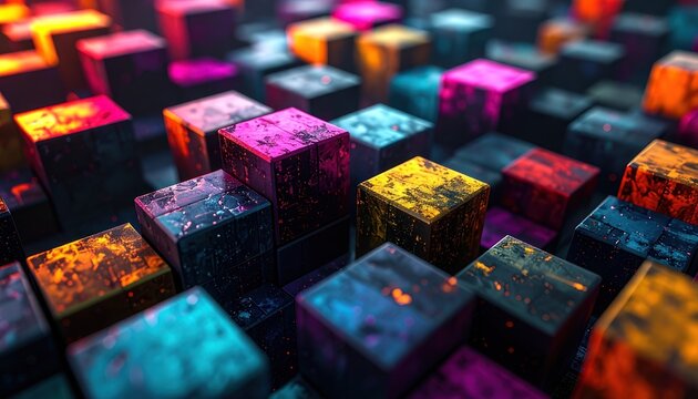 A vibrant display of colorful, textured cubes is arranged in a chaotic yet artistic pattern, illuminated by an otherworldly glow.
