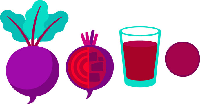Minimal beetroot icon set with whole beet, sliced beetroot, juice glass and flat vegetable vector illustration