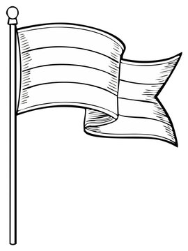 Flag waving on a pole hand drawn with lines for coloring
