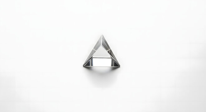 Clear glass equilateral triangular prism isolated on a seamless white background, reflecting soft light with sharp edges and transparent geometric surfaces for science and physics.