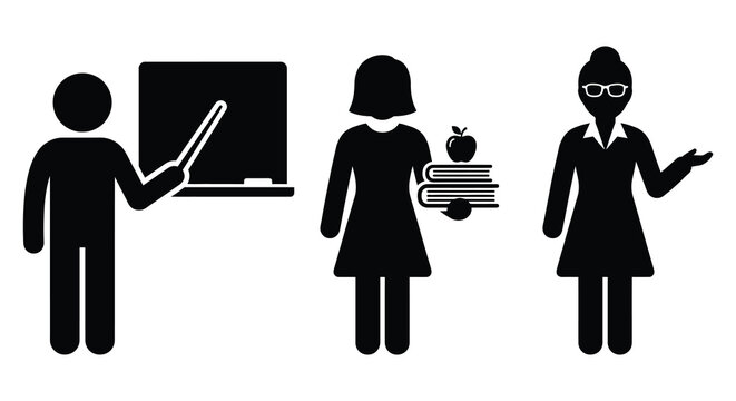 Three teacher silhouettes depicting instruction holding books and presenting black and white silhouette teachers instructor educator teaching classroom