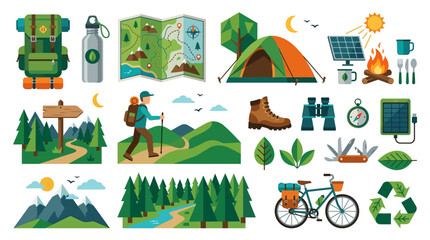 Fototapeta premium Backpacking Gear, Reusable Bottle and Map Composition in Eco Summer Travel Vector Asset Sheet with Clean Flat Design for Sustainable Adventure Concepts