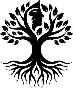Tree of life vector with human face profile, black silhouette of a mystical tree with roots and leaves, spiritual nature concept art