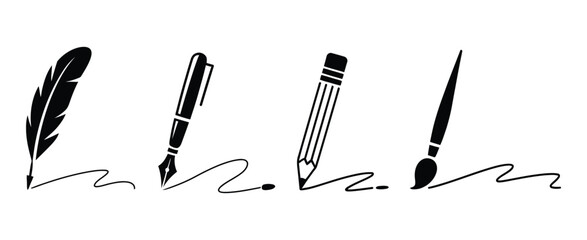 Writing icons, feather pen, pencil, ink pen and paintbrush symbols for letters, drawing and creative design, vector illustration. © Raxzen